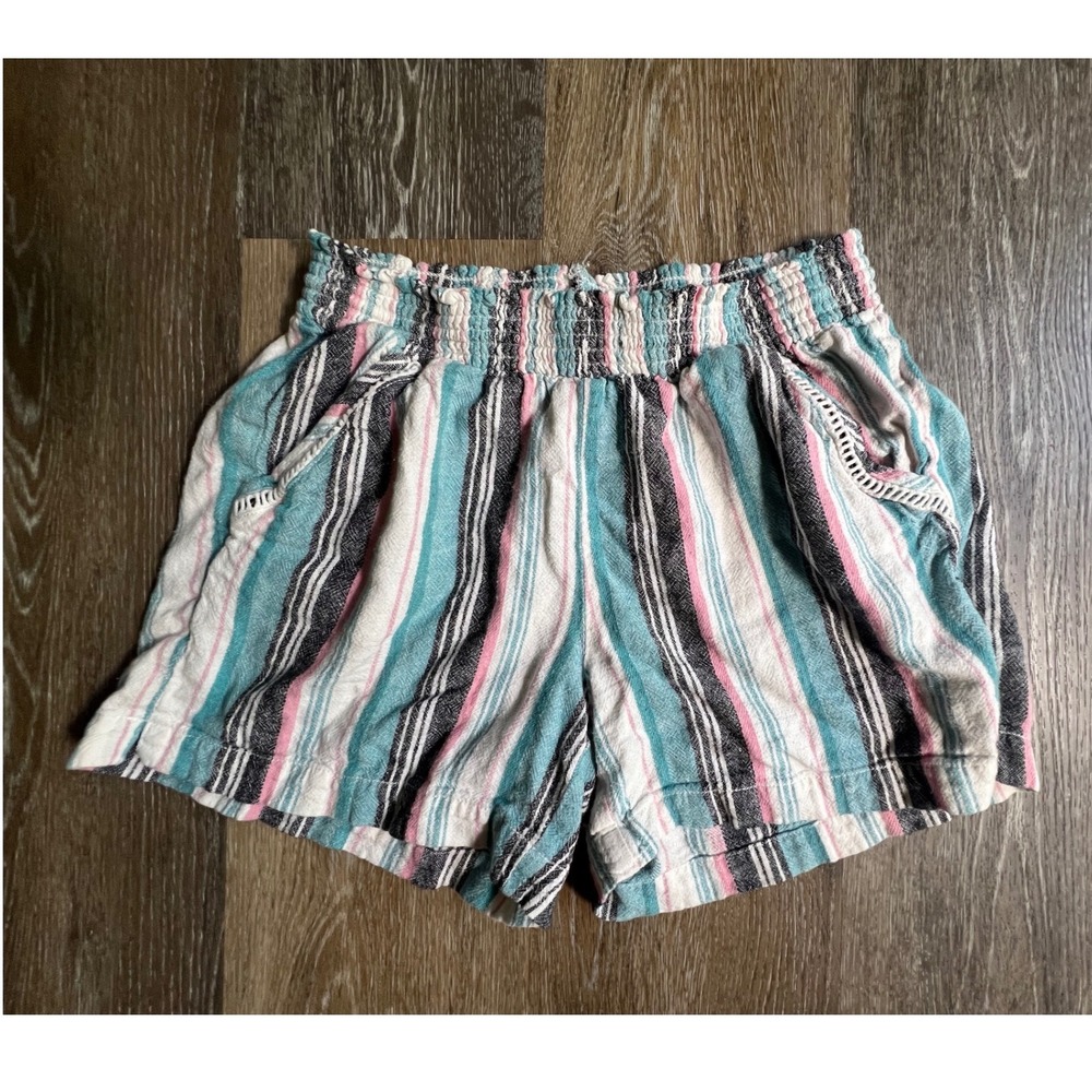 Briggs Striped Shorts Womens Medium Multicolor Smocked Waist Crochet‎ Trim